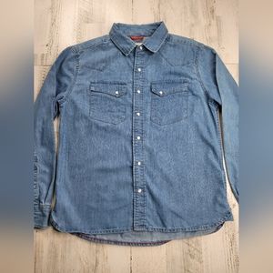 Iron And Resin Freedom Riders Denim Pearl Snap Button Up Shirt Men's Size L